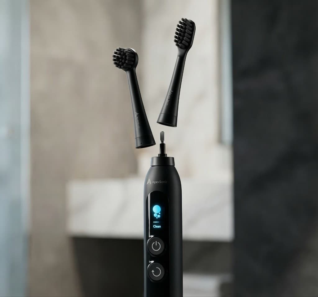 ApexSonic matte black hybrid electric toothbrush with LCD display, two interchangeable brush heads, and bathroom backdrop