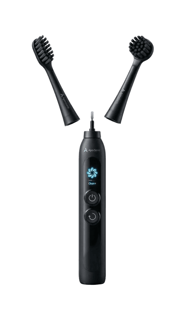 ApexSonic matte black electric toothbrush with power and mode controls on a gloss accent panel